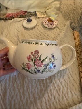 White Ceramic Teapot with Pink & Purple Floral Design no lid makes a great plant